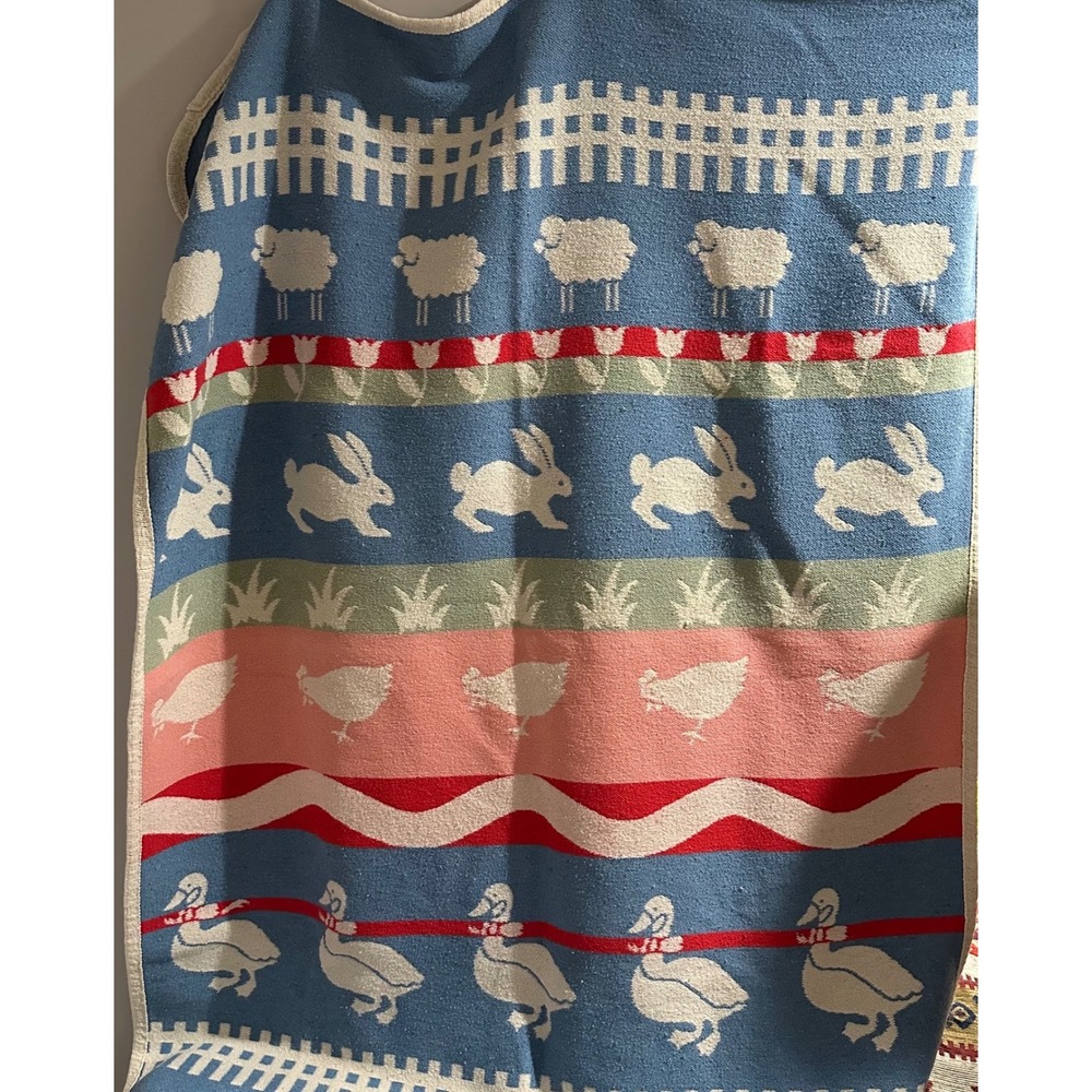 Vintage Farm Animal Blanket Blue Sheep Bunnies‎ Ducks Tulips Red White Trim Baby